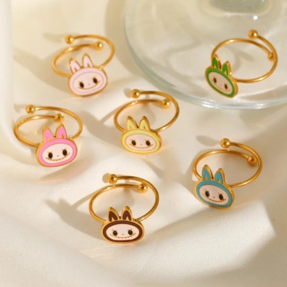 18K Gold Plated Light Yellow Enamel Labubu Theme Ring No Fade Zimomo The Monster - Picture 3 of 4